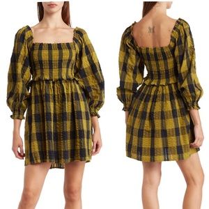 Topshop NWT Petite Size 4P Plaid Balloon Sleeve Cotton Seersucker Smocked Dress